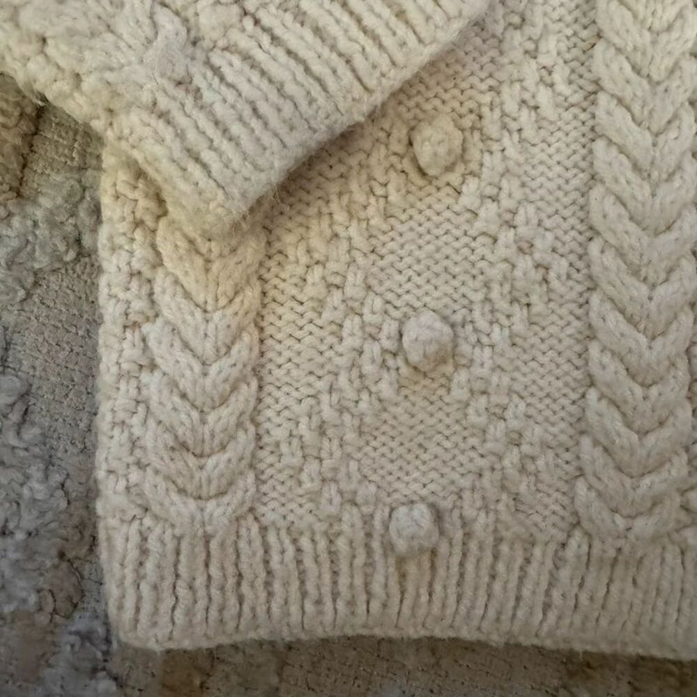 Vintage Hand Knit Wool Blend Cream Cable Knit Cardigan Sweater - Picture 2 of 7